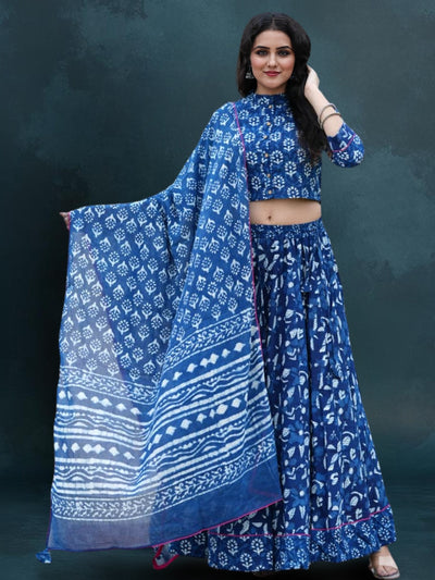 Indiehaat | Blockprinted Cotton Lehanga Choli Blue