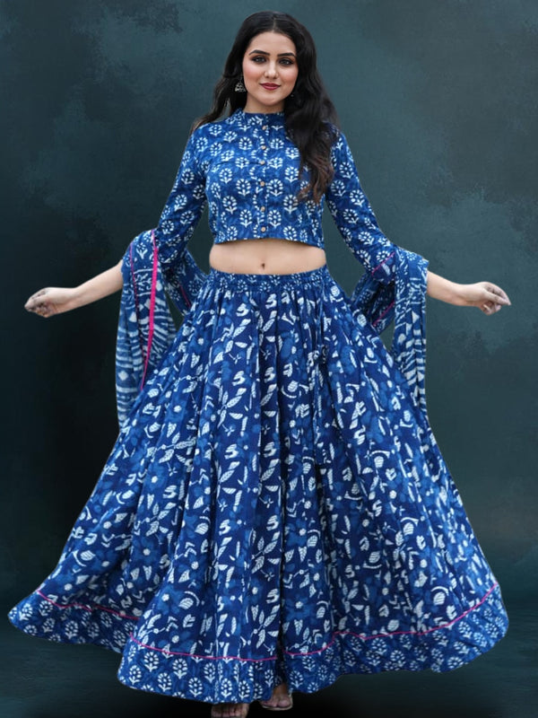 Indiehaat | Blockprinted Cotton Lehanga Choli Blue