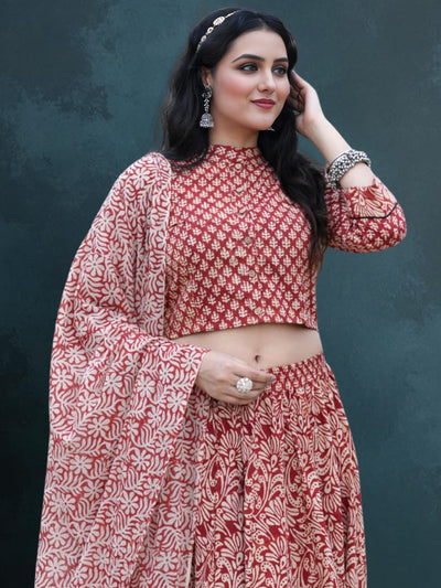 Indiehaat | Blockprinted Cotton Lehanga Choli Red