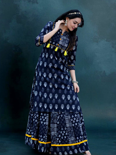 Indiehaat | Blockprint Cotton Long Kurta & Skirt Black