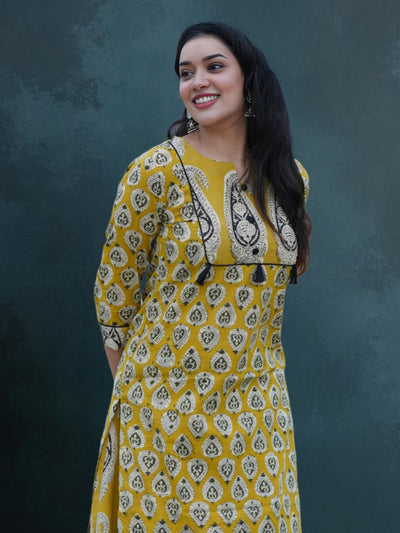 Indiehaat | Blockprint Cotton Long Kurta & Skirt Yellow