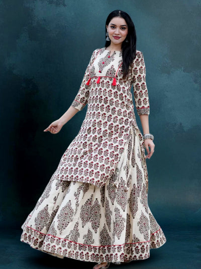Indiehaat | Blockprint Cotton Long Kurta & Skirt Beige