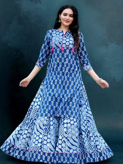 Indiehaat | Blockprint Cotton Long Kurta & Skirt Blue
