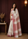 Indiehaat | Kora Silk Durga Embroidery Saree Red & White