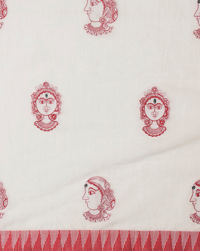 Shakti Kora Silk Red & White Durga Embroidery Saree