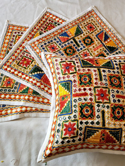 Indiehaat | Pure Cotton Multicolor Embroidered Cushion Cover