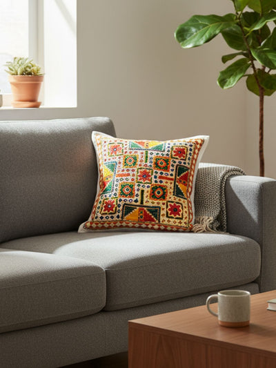 Indiehaat | Pure Cotton Multicolor Embroidered Cushion Cover
