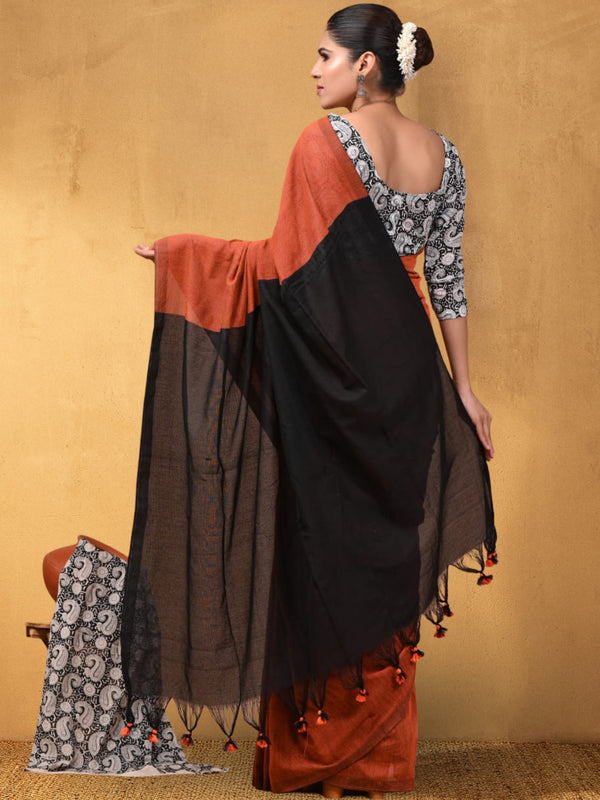 Indiehaat | Hand Dyed Khadi Cotton Saree Orange