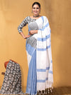 Indiehaat | Hand Dyed Khadi Cotton Saree White & Blue