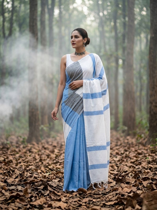 Indiehaat | Hand Dyed Khadi Cotton Saree White & Blue