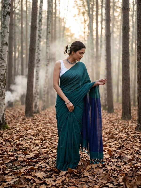 Indiehaat | Hand Dyed Khadi Cotton Saree Green