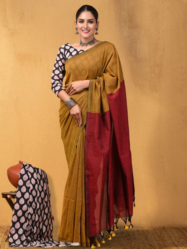 Indiehaat | Hand Dyed Khadi Cotton Saree Yellow