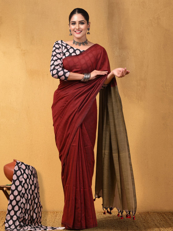 Indiehaat | Hand Dyed Khadi Cotton Saree Red