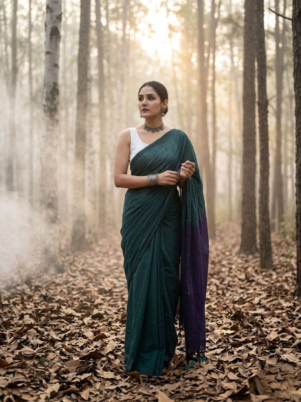 Indiehaat | Hand Dyed Khadi Cotton Saree Green