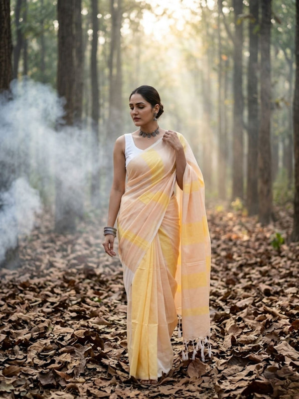 Indiehaat | Hand Dyed Khadi Cotton Saree Yellow