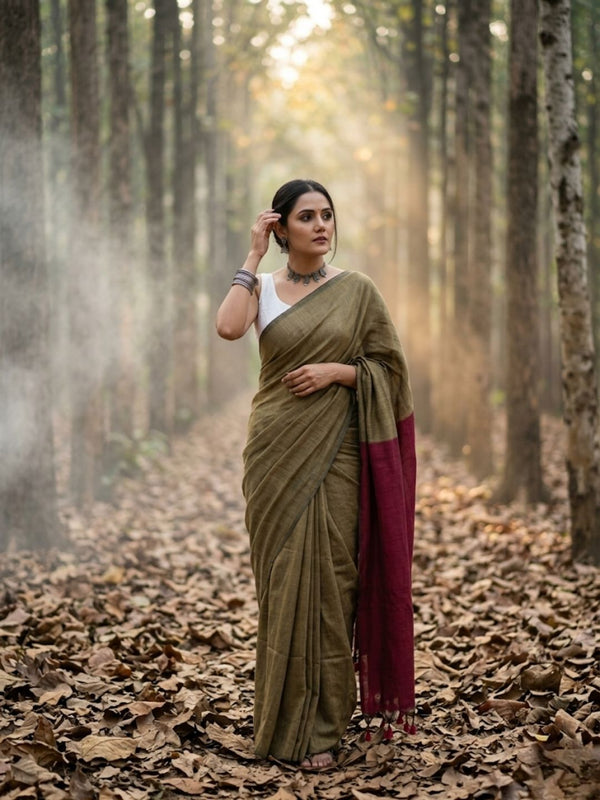 Indiehaat | Hand Dyed Khadi Cotton Saree Brown