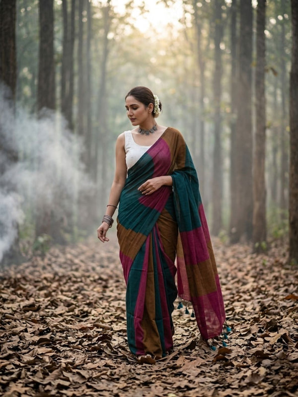 Indiehaat | Hand Dyed Khadi Cotton Saree Multicolor