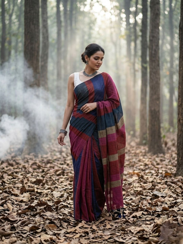 Indiehaat | Hand Dyed Khadi Cotton Saree Multicolor