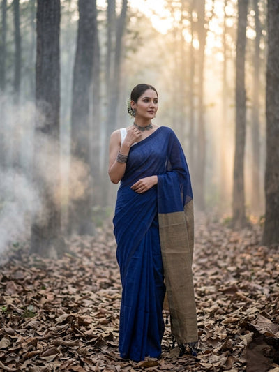 Indiehaat | Hand Dyed Khadi Cotton Saree Blue