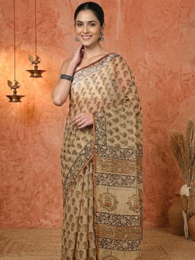 Indiehaat | Kota Doria Hand Block Print Multicolor Saree