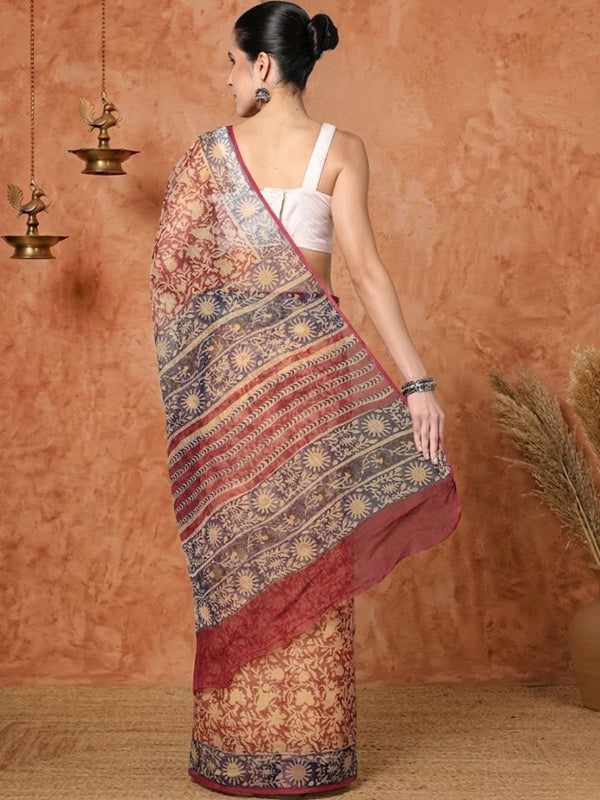 Indiehaat | Kota Doria Hand Block Print Multicolor Saree