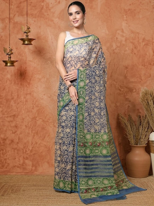 Indiehaat | Kota Doria Hand Block Print Multicolor Saree