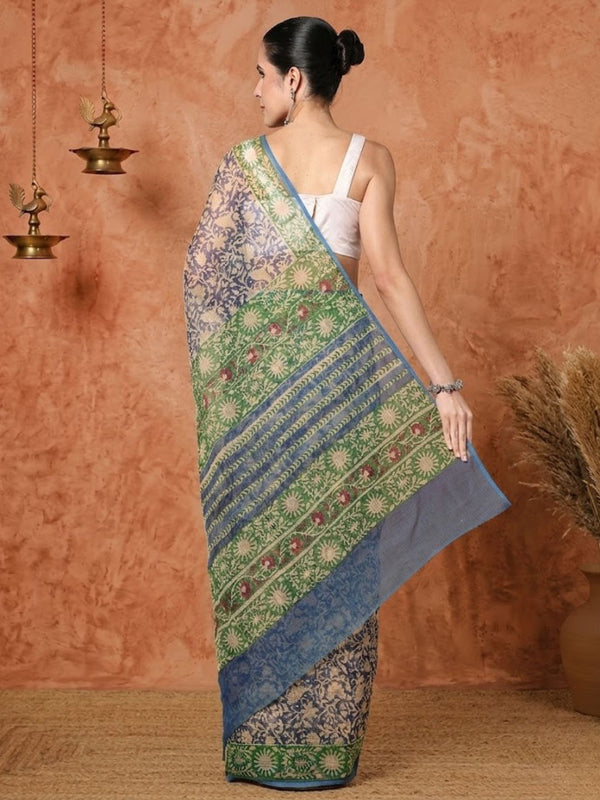 Indiehaat | Kota Doria Hand Block Print Multicolor Saree