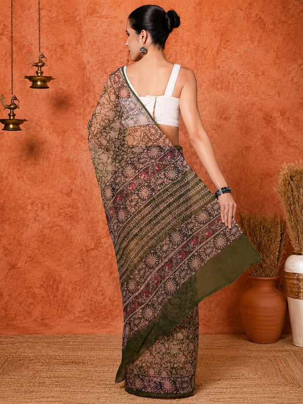Indiehaat | Kota Doria Hand Block Print Multicolor Saree