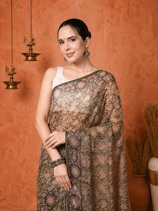 Indiehaat | Kota Doria Hand Block Print Multicolor Saree