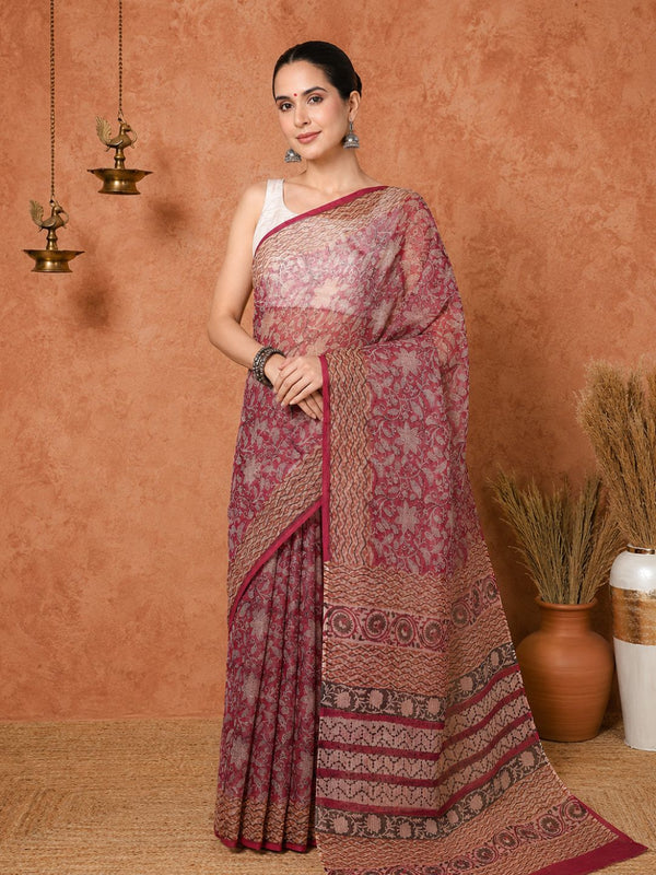Indiehaat | Kota Doria Hand Block Print Multicolor Saree
