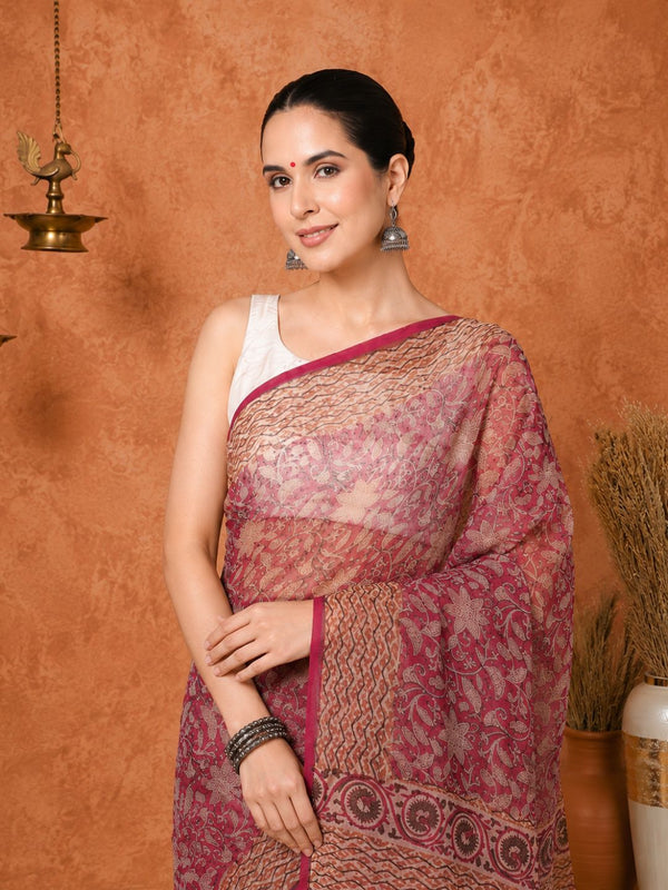 Indiehaat | Kota Doria Hand Block Print Multicolor Saree