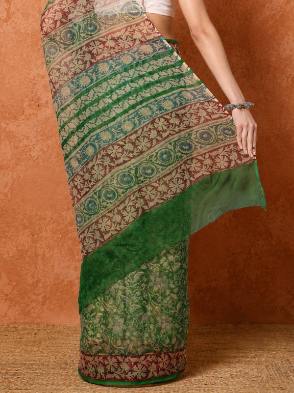 Indiehaat | Kota Doria Hand Block Print Multicolor Saree