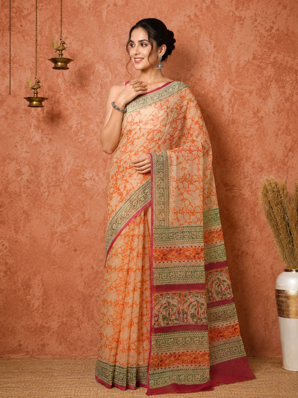Indiehaat | Kota Doria Hand Block Print Multicolor Saree
