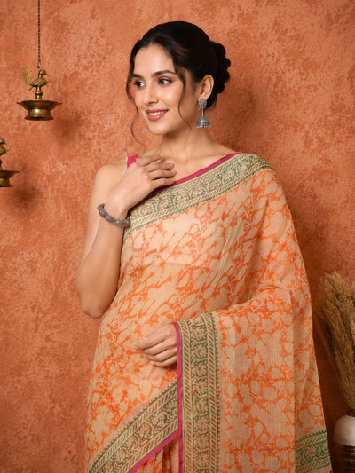 Indiehaat | Kota Doria Hand Block Print Multicolor Saree