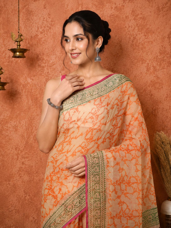 Indiehaat | Kota Doria Hand Block Print Multicolor Saree
