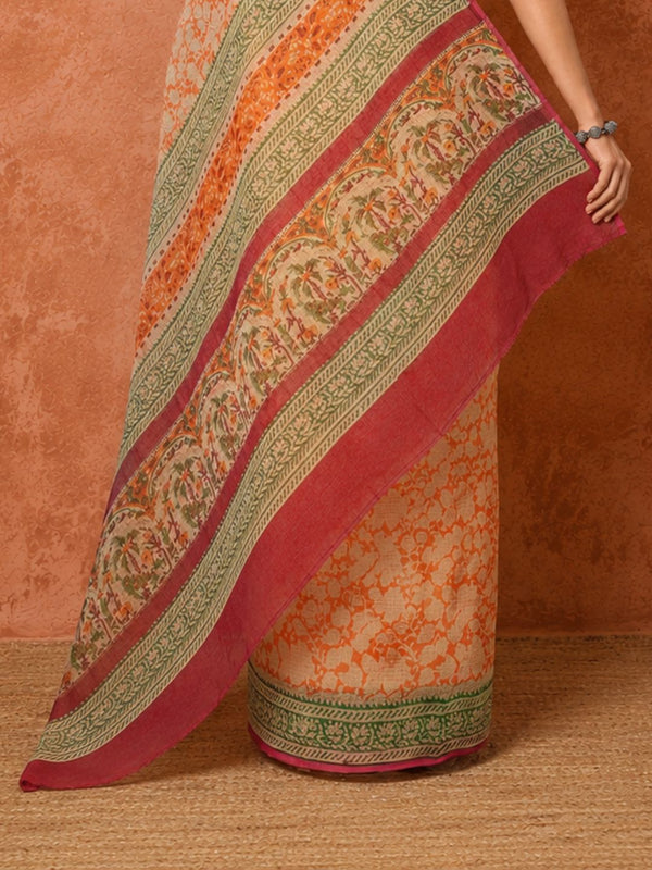 Indiehaat | Kota Doria Hand Block Print Multicolor Saree