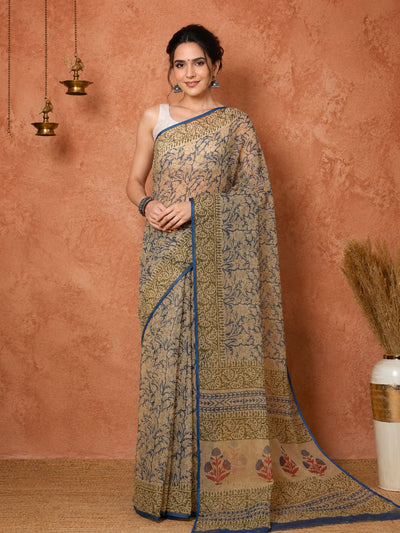 Indiehaat | Kota Doria Hand Block Print Multicolor Saree
