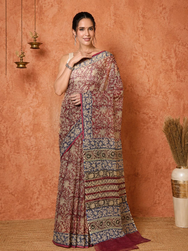 Indiehaat | Kota Doria Hand Block Print Multicolor Saree
