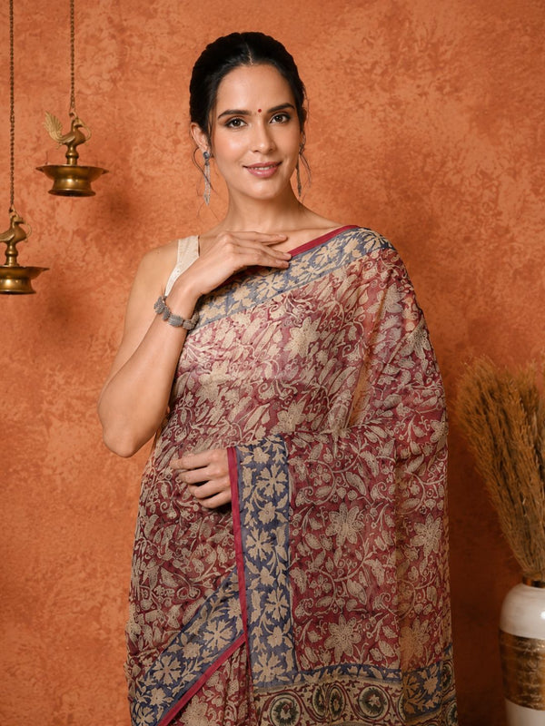Indiehaat | Kota Doria Hand Block Print Multicolor Saree