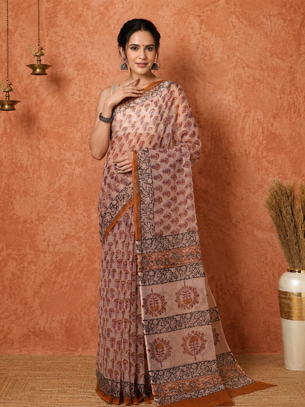 Indiehaat | Kota Doria Hand Block Print Multicolor Saree
