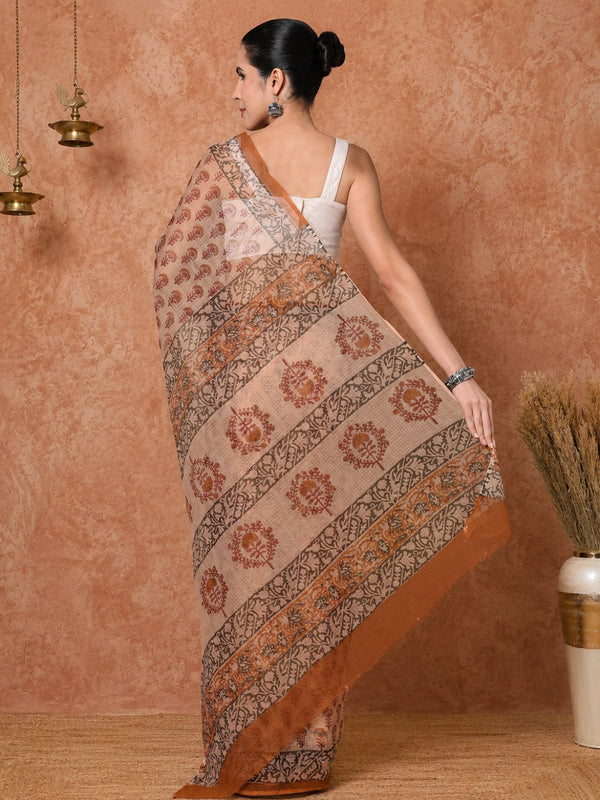 Indiehaat | Kota Doria Hand Block Print Multicolor Saree