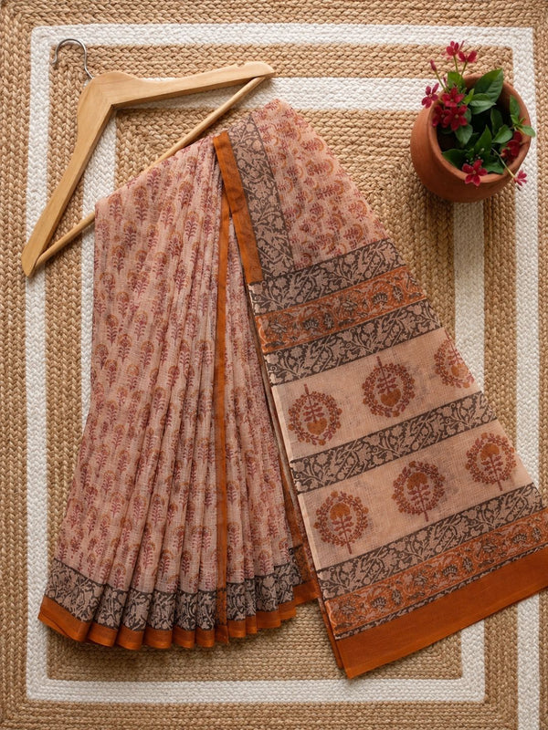 Indiehaat | Kota Doria Hand Block Print Multicolor Saree