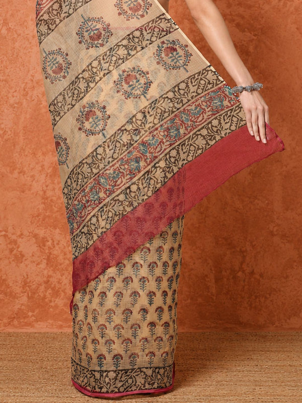 Indiehaat | Kota Doria Hand Block Print Multicolor Saree