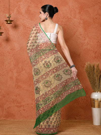 Indiehaat | Kota Doria Hand Block Print Multicolor Saree