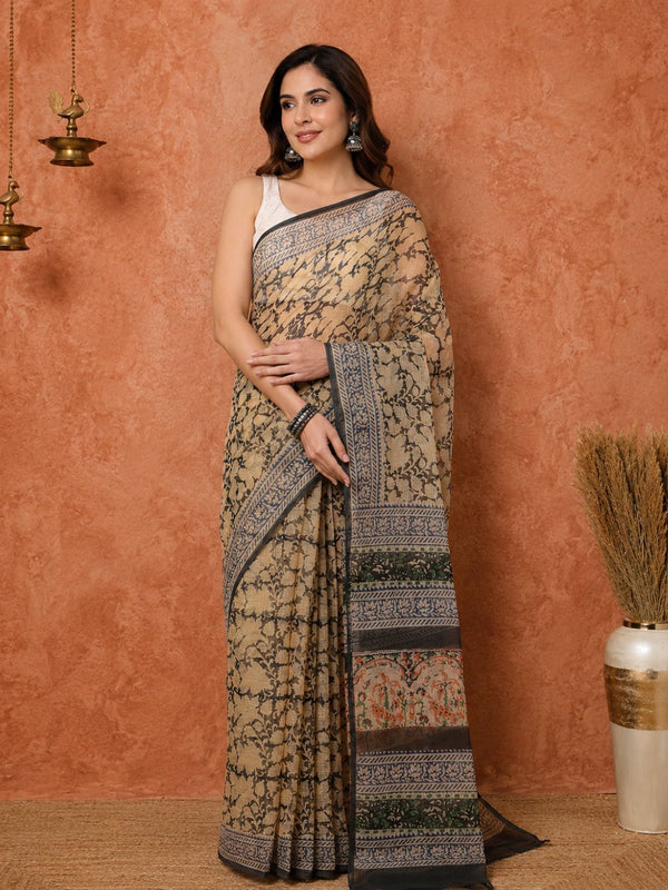 Indiehaat | Kota Doria Hand Block Print Multicolor Saree