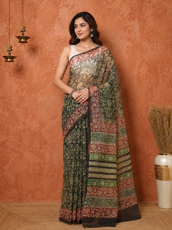 Indiehaat | Kota Doria Hand Block Print Multicolor Saree