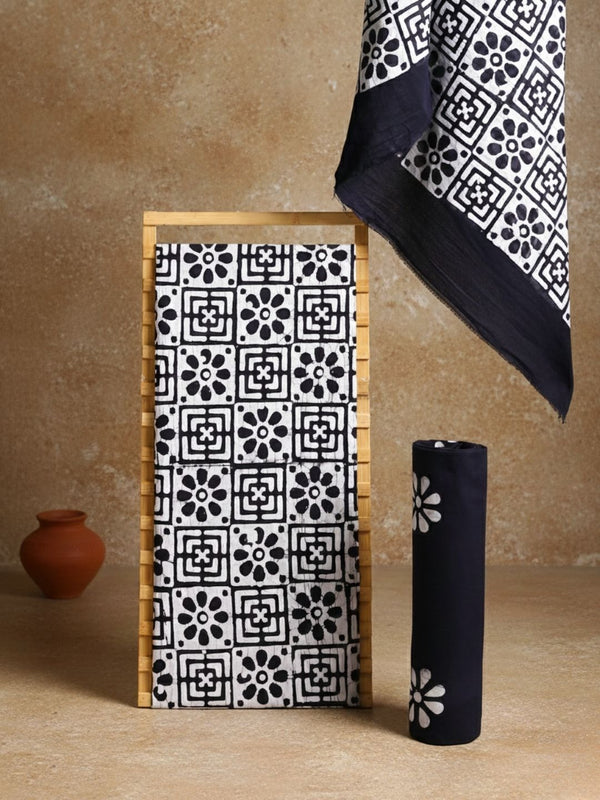 Indiehaat | Pure Mul Cotton Hand Wax Batik Suit White & Black