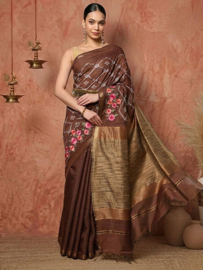 Indiehaat | Kota Silk Ghicha Stripe Embroidery Saree Brown