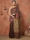 Indiehaat | Kota Silk Ghicha Stripe Embroidery Saree Brown