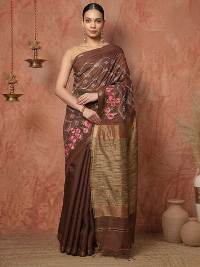 Indiehaat | Kota Silk Ghicha Stripe Embroidery Saree Brown